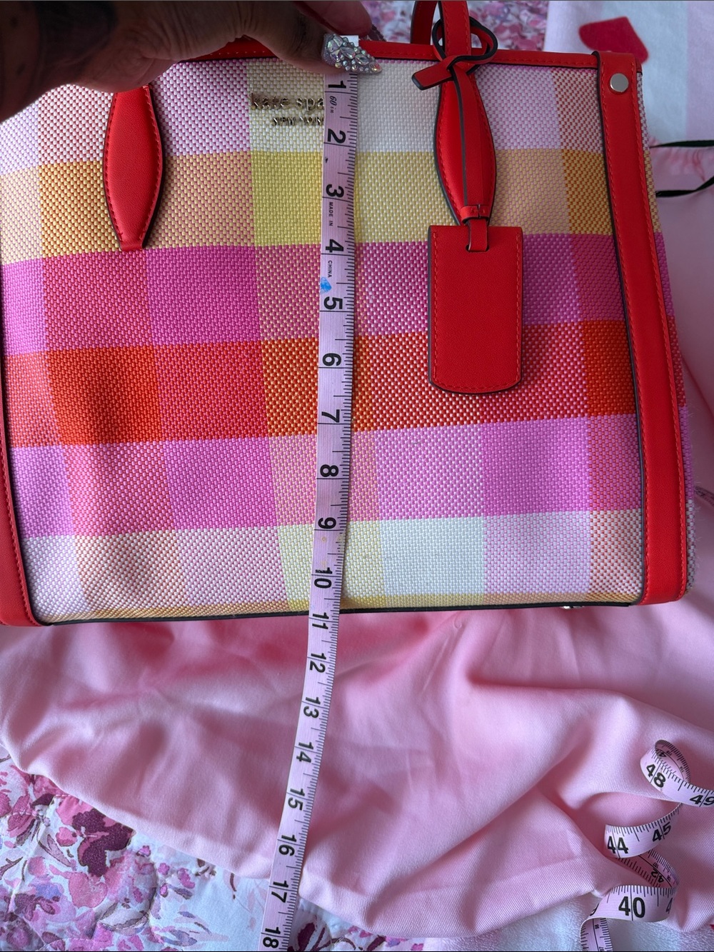 kate spade Pink, Orange & Yellow plaid Canvas Tote - Picture 9 of 14